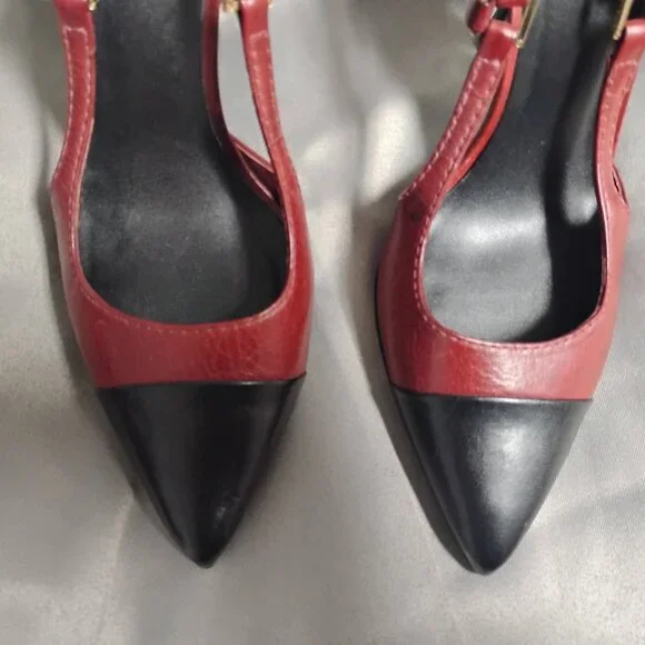 ❤️TORY BURCH Burgundy and Black All Leather Slingback Heel Shoes 7 Brazil - Picture 3 of 7